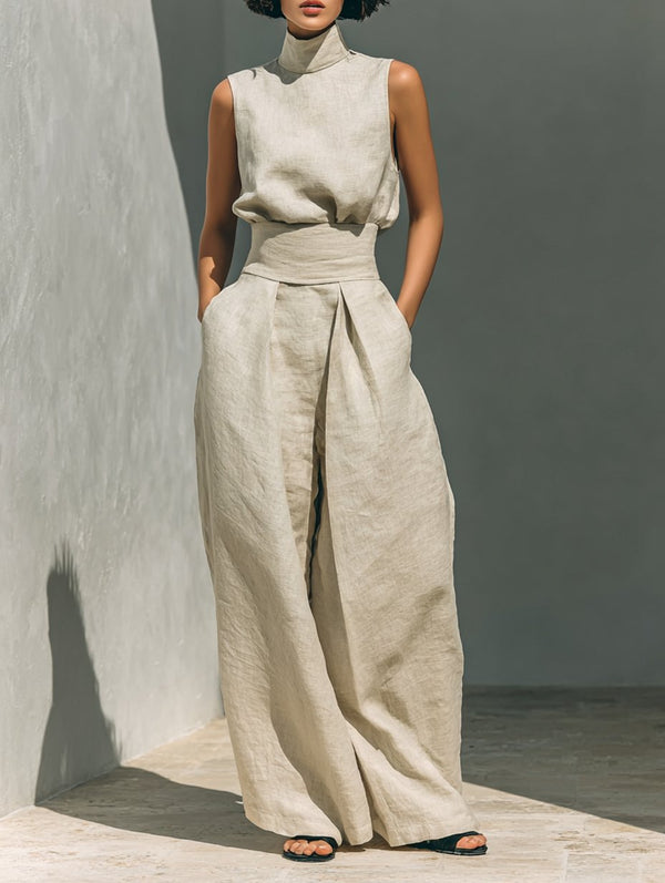 Two Piece Linen Set Sleeveless Top Wide Leg Pants