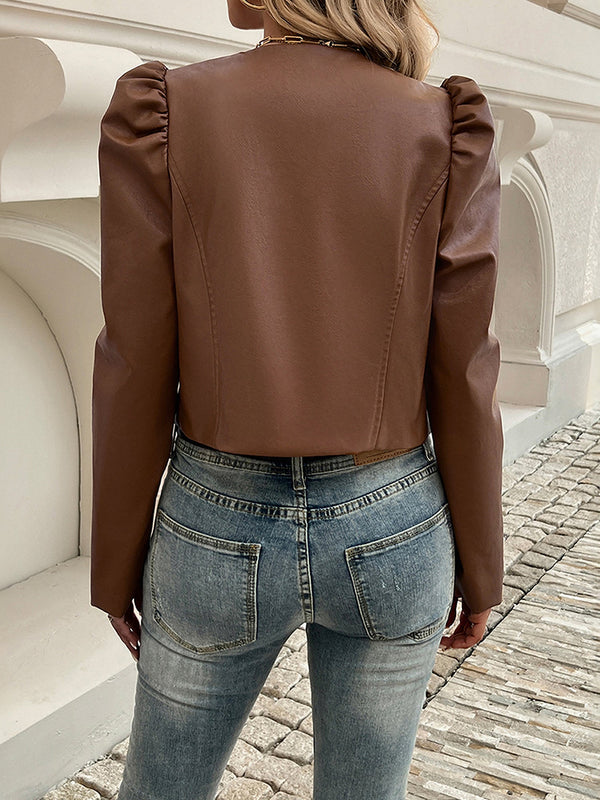 Puff Sleeve Faux Leather Jacket for Women