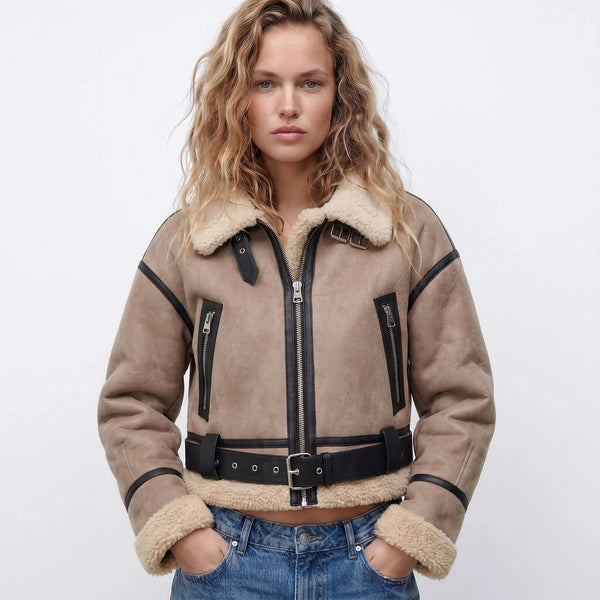 Double-Sided Shearling Cropped Bomber Jacket for Women