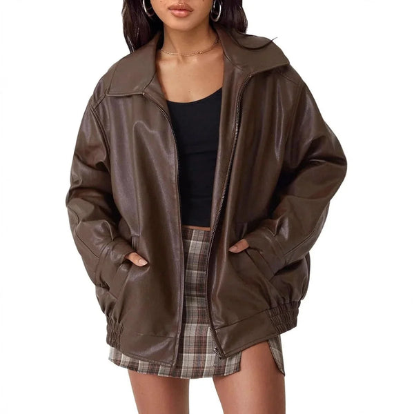 Oversized Leather Bomber Jacket for Women