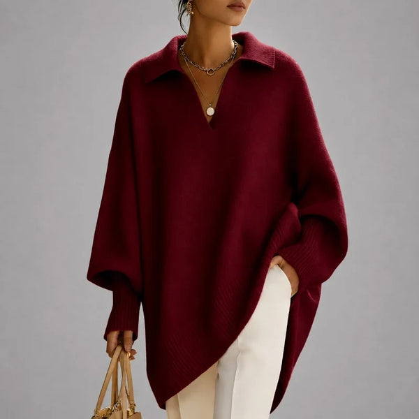Women's Oversized Jumper, Collared V-Neck Poncho Style