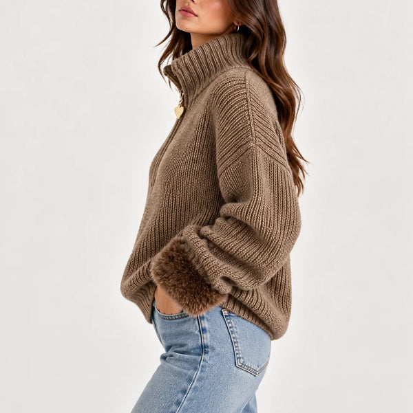 Women's Half Zip Jumper, Faux Fur Cuffs High Neck