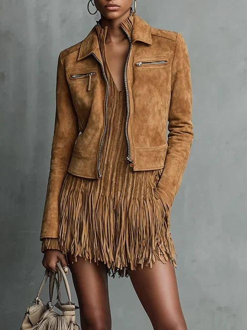 Cropped Lapel Suede Jacket for Women