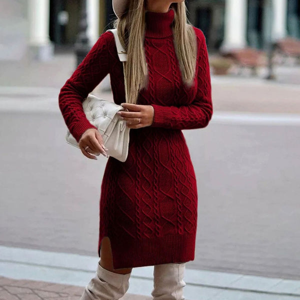 Women's Cable Knit Jumper Dress, Roll Neck with Side Slit