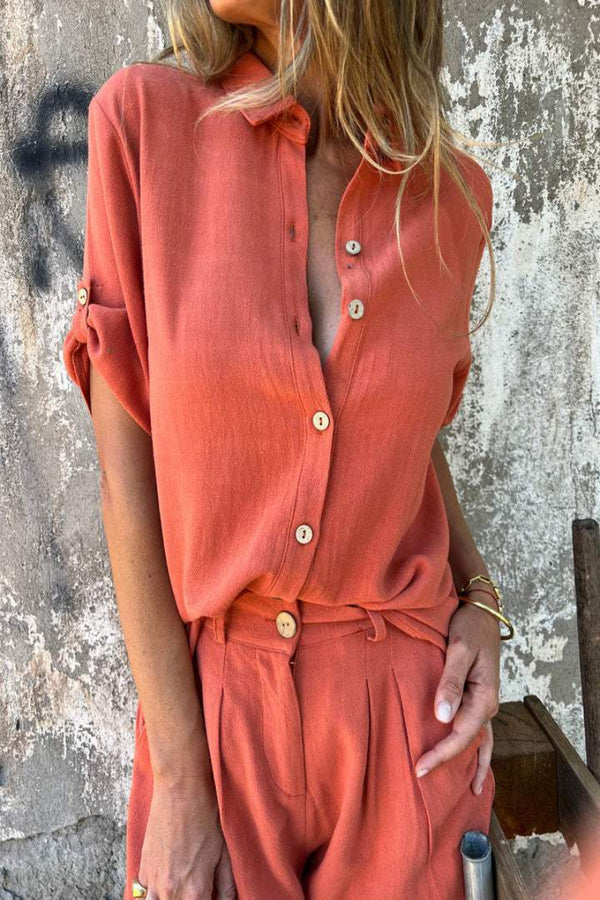 Women's Linen Shirt and Shorts Set Button-Down
