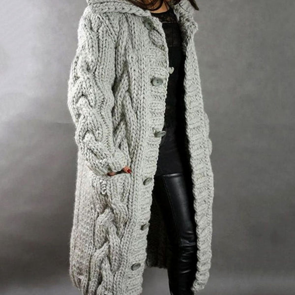 Women's Long Cardigan, Hooded Chunky Cable Knit with Buttons