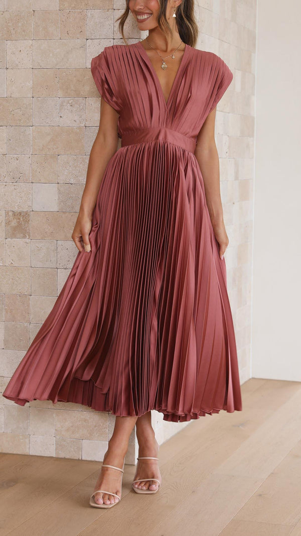 Women's Pleated V-Neck Midi Dress Wedding Guest