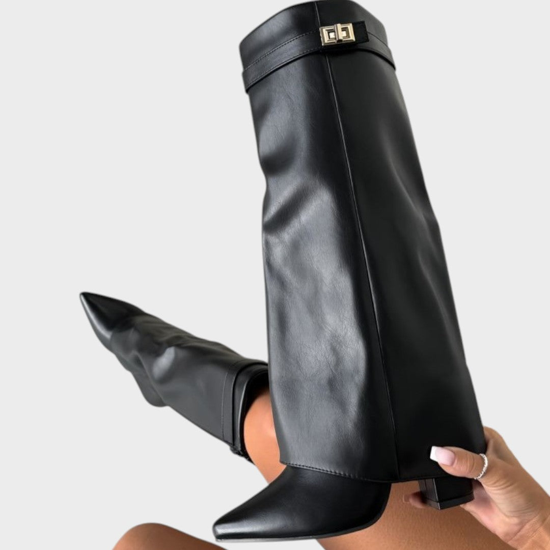 Women's Black Knee High Boots, Fold-Over Pointed Toe Heel