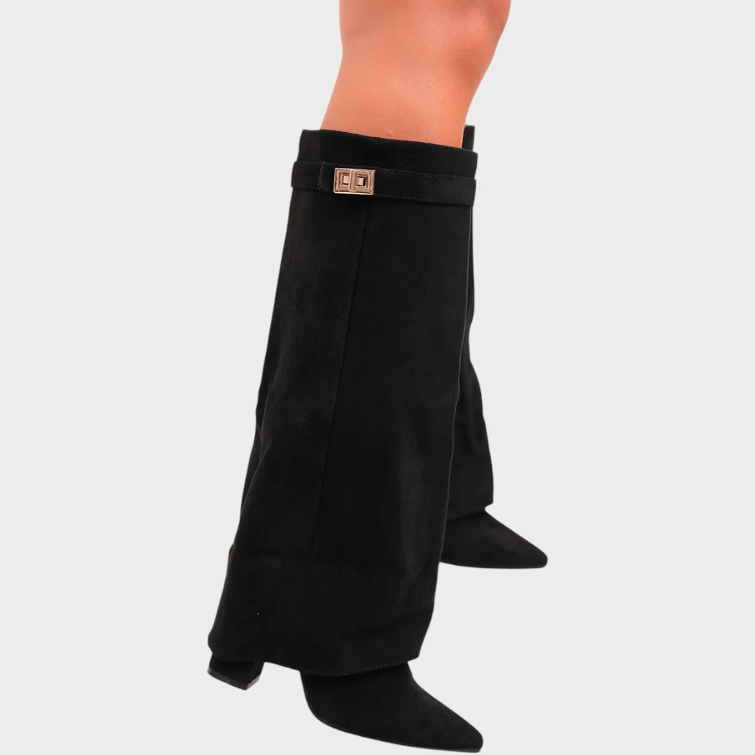 Women's Beige Suede Knee High Boots, Fold-Over Shaft Heel