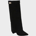 Women's Beige Suede Knee High Boots, Fold-Over Shaft Heel 9