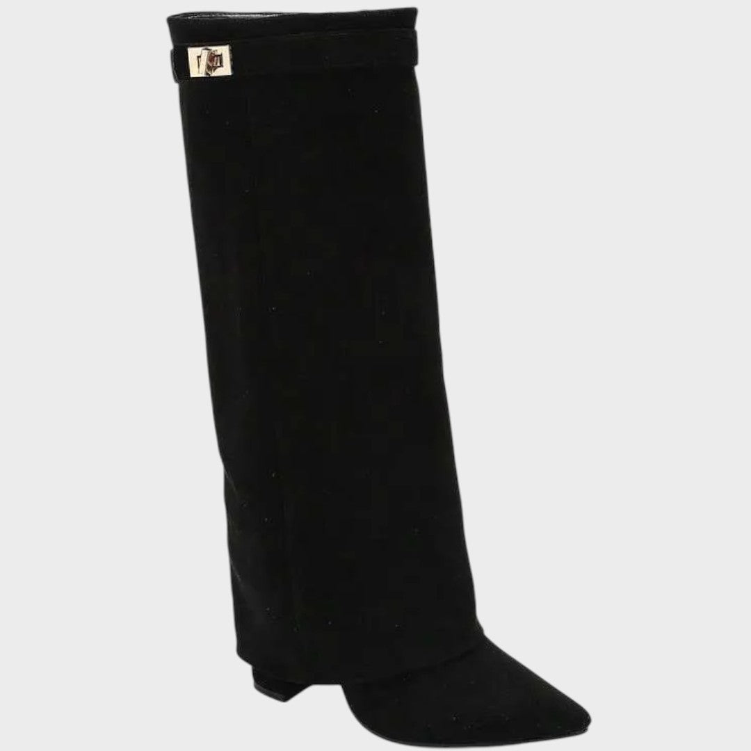 Women's Beige Suede Knee High Boots, Fold-Over Shaft Heel