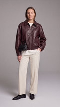 Burgundy Faux Leather Bomber Jacket for Women 1