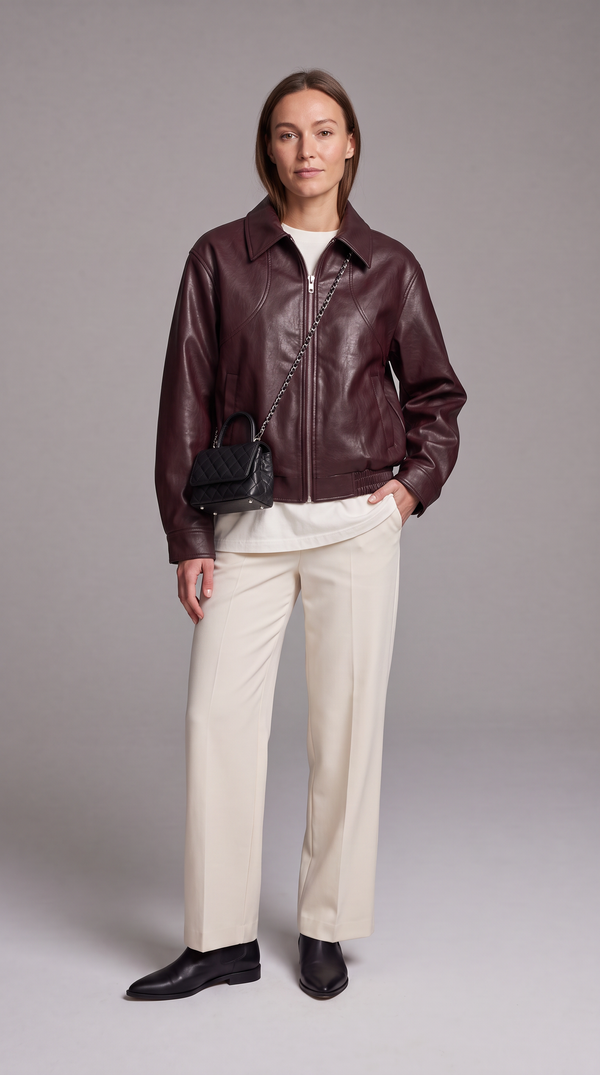 Burgundy Faux Leather Bomber Jacket for Women
