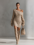 Women's Beige Cable Knit Off-Shoulder Mini Dress 2