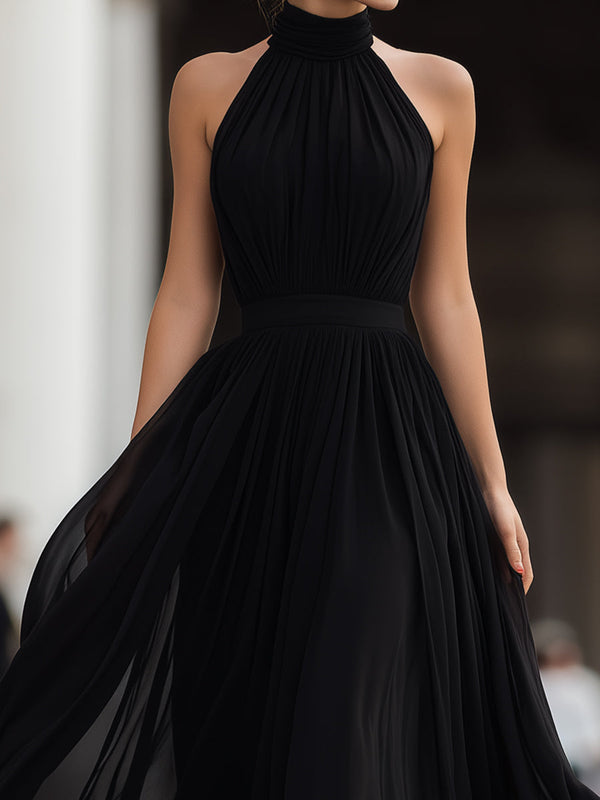 Black Chiffon Halter Neck Maxi Dress Pleated Sleeveless