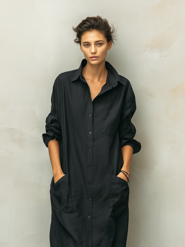 Women's Cotton Linen Midi Shirt Dress Relaxed