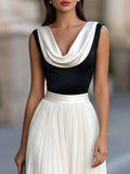 Pleated Midi Dress Color-Block Cowl Neck 2