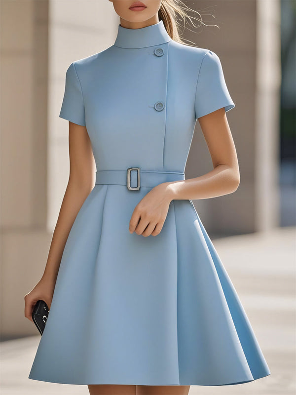 Black High-Neck Belted Waist Midi Dress