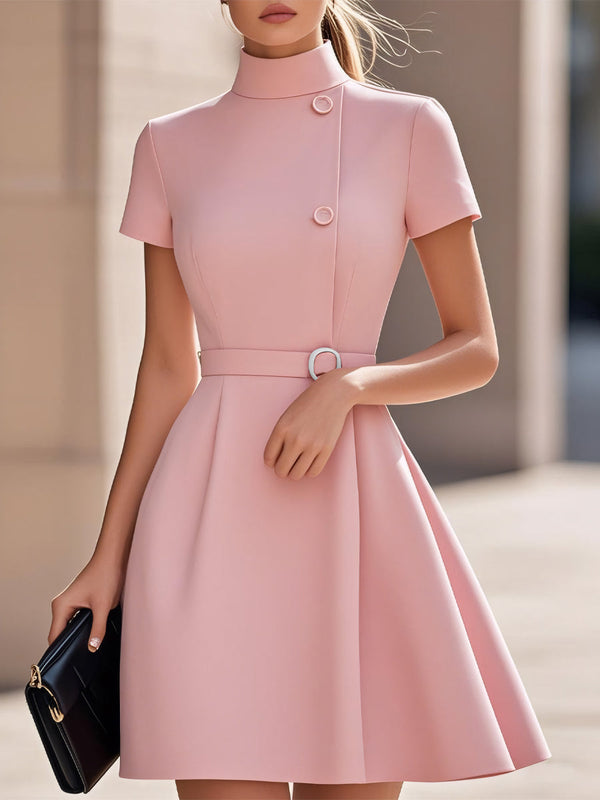 Black High-Neck Belted Waist Midi Dress