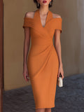 Wrap Midi Dress Off-Shoulder Halter Collar Ruched 1