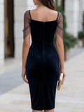 Ruched Velvet Midi Dress Sheer Sleeve Fitted 4
