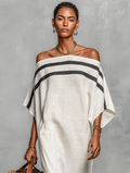 Women's Linen Blend Off-Shoulder Maxi Dress Batwing Sleeve Straight Cut 5
