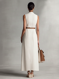 Women's Cotton Linen Maxi Dress Sleeveless V-Neck Tie Waist 6