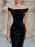 Velvet Midi Dress Off-Shoulder Ruched Fitted 2