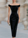 Velvet Midi Dress Off-Shoulder Ruched Fitted 1