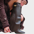 Women's Black Knee High Boots, Fold-Over Pointed Toe Heel 10