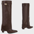 Women's Black Knee High Boots, Fold-Over Pointed Toe Heel 11