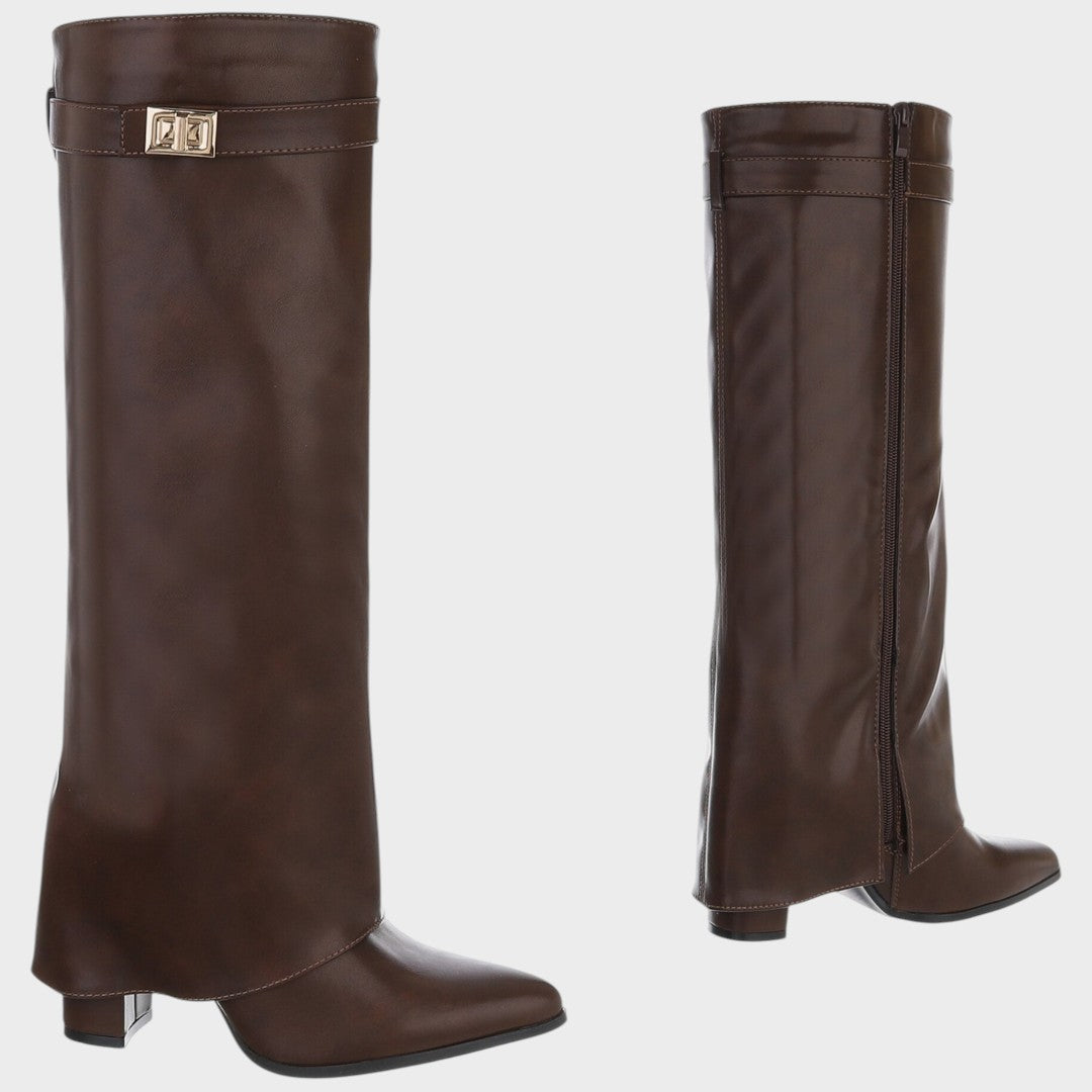 Women's Black Knee High Boots, Fold-Over Pointed Toe Heel