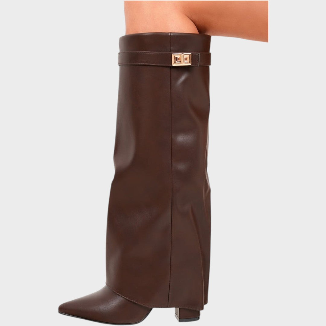 Women's Black Knee High Boots, Fold-Over Pointed Toe Heel