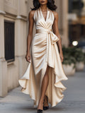 Satin Halter Gown Midnight Ruffle Formal Fitted 5