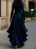 Satin Maxi Dress Midnight Blue Draped Ruffle Detail 4