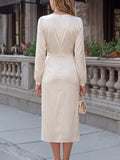 Satin Midi Dress V-Neck Ruched Pearl Button Slit 2