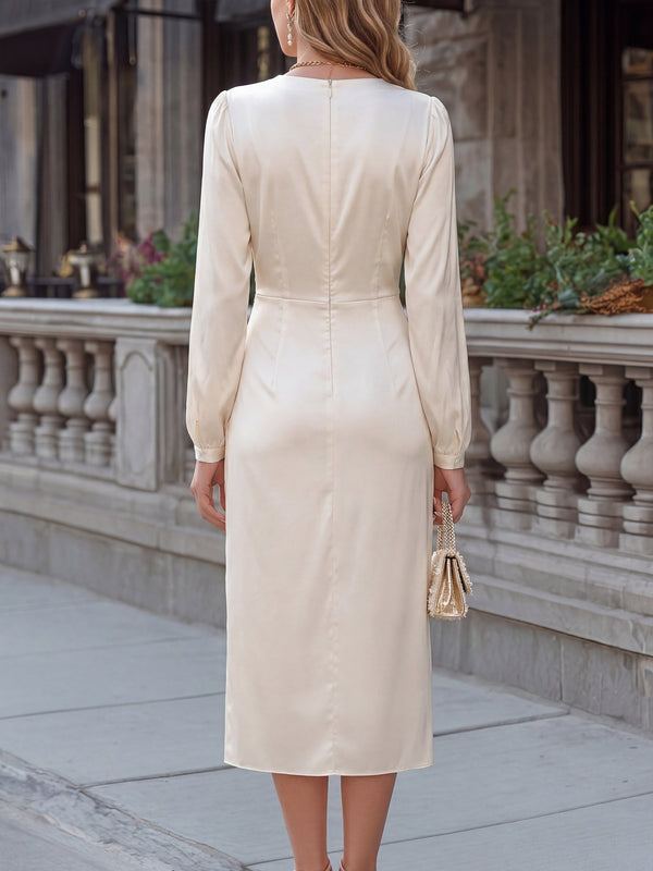 Satin Midi Dress V-Neck Ruched Pearl Button Slit