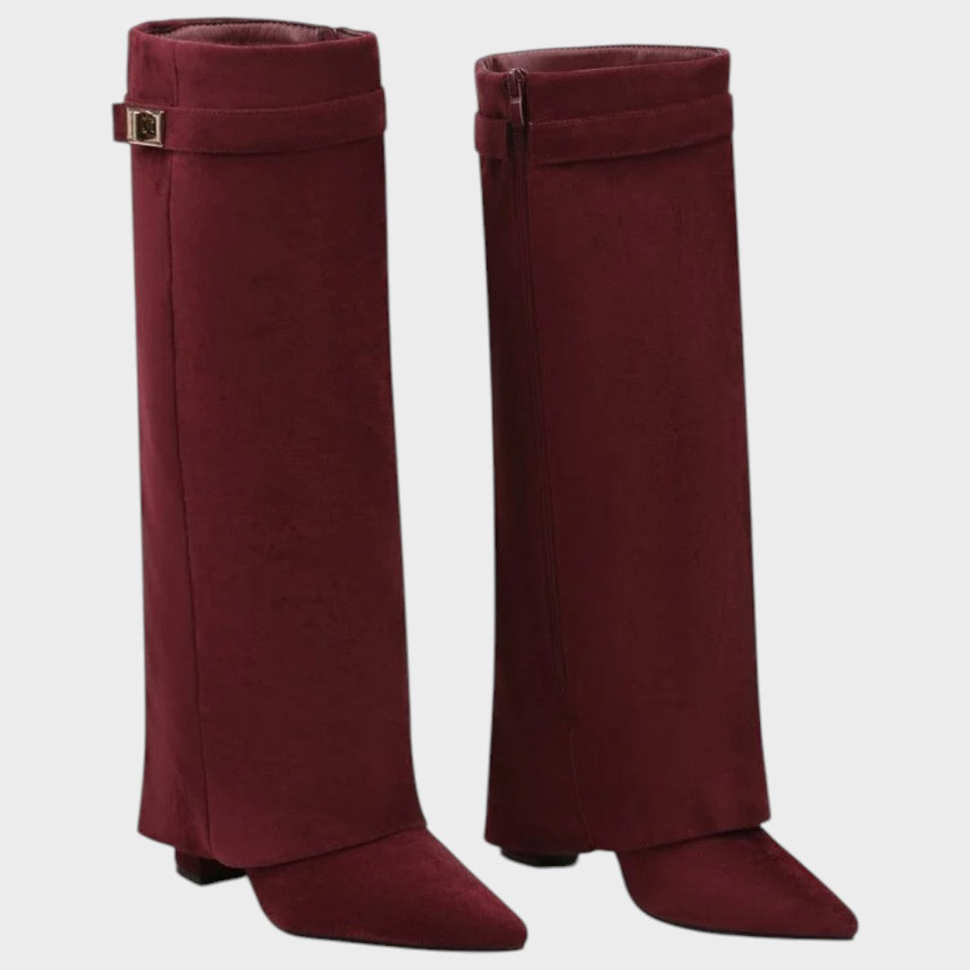 Women's Beige Suede Knee High Boots, Fold-Over Shaft Heel