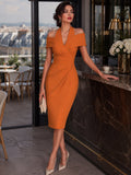 Wrap Midi Dress Off-Shoulder Halter Collar Ruched 3