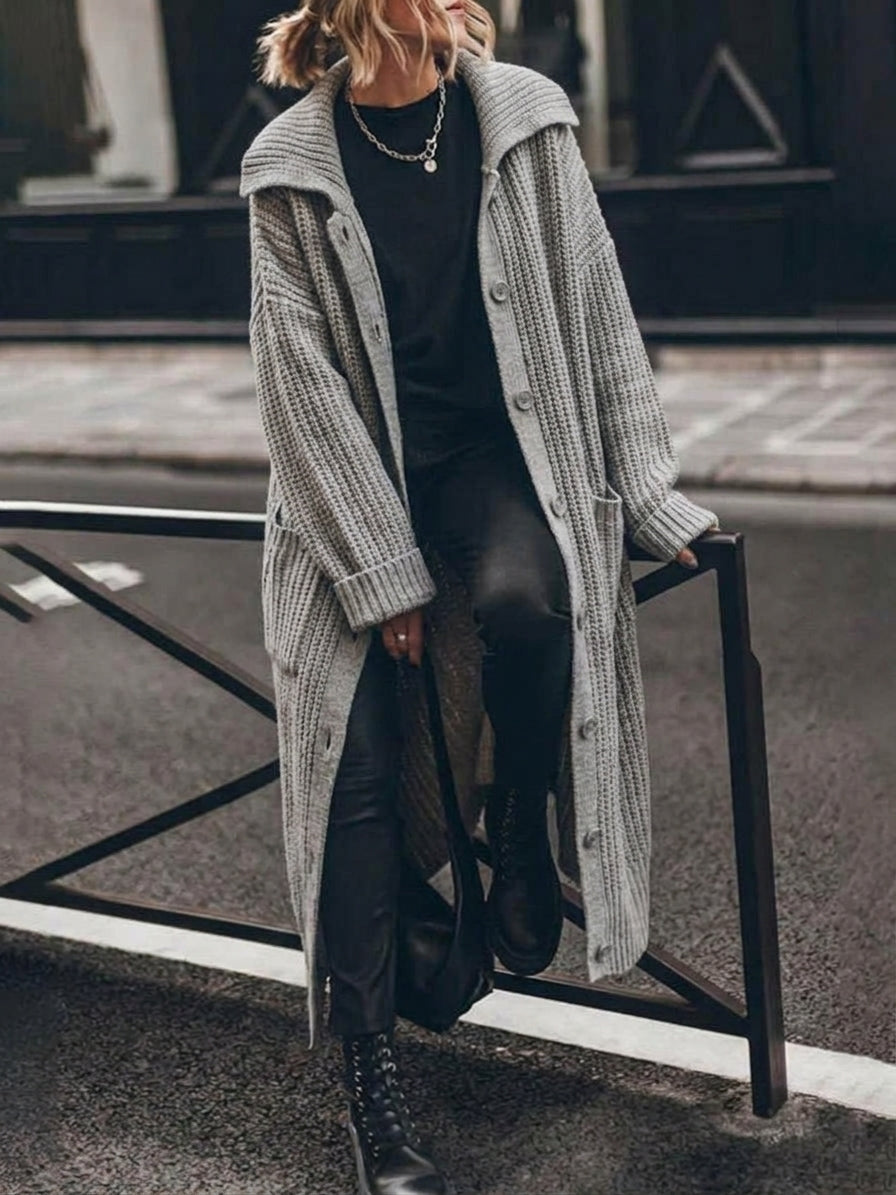 Klara | Chunky Ribbed Long Cardigan with Wide Collar for Women