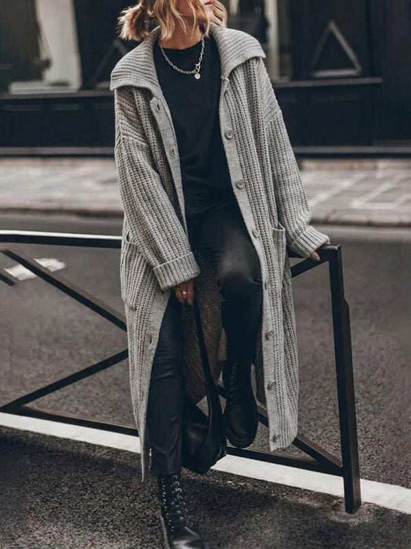 Women's Long Cardigan, Chunky Rib Knit with Collar