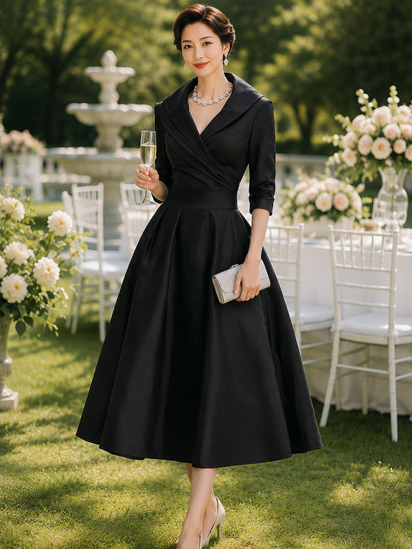 Satin Midi Dress Draped Collar Vintage Style Fitted