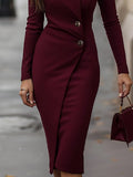 Wrap Midi Dress Buttoned Burgundy Fitted 4