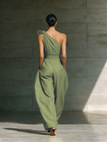 Women's Light Green Cotton Linen Jumpsuit One-Shoulder Wide-Leg Tie Waist 5