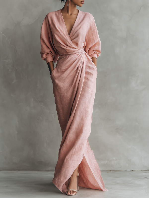 Pink Linen Blend V-Neck Minimalist Maxi Dress