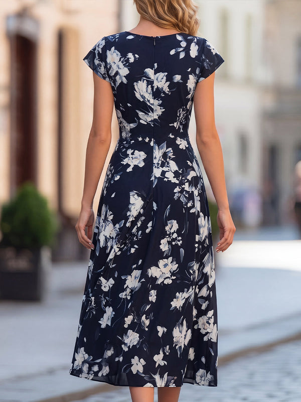 Wrap Mock Midi Dress Floral Print Ruched Fitted