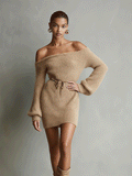 Women's Camel Knit Mini Dress Off-Shoulder Belted Fuzzy 3