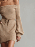 Women's Camel Knit Mini Dress Off-Shoulder Belted Fuzzy 4