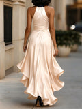 Satin Halter Gown Midnight Ruffle Formal Fitted 6