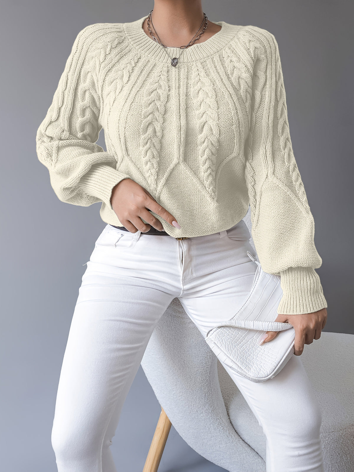 Tilda | Cropped Cable Knit Sweater with Lantern Sleeves for Women